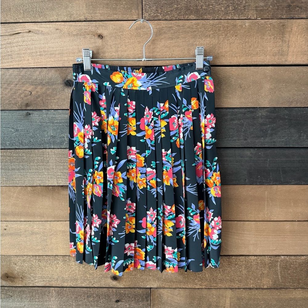 Vintage 90s Chaus Petites Floral Pleated Mini Skirt Elastic Back Waist - Picture 10 of 14